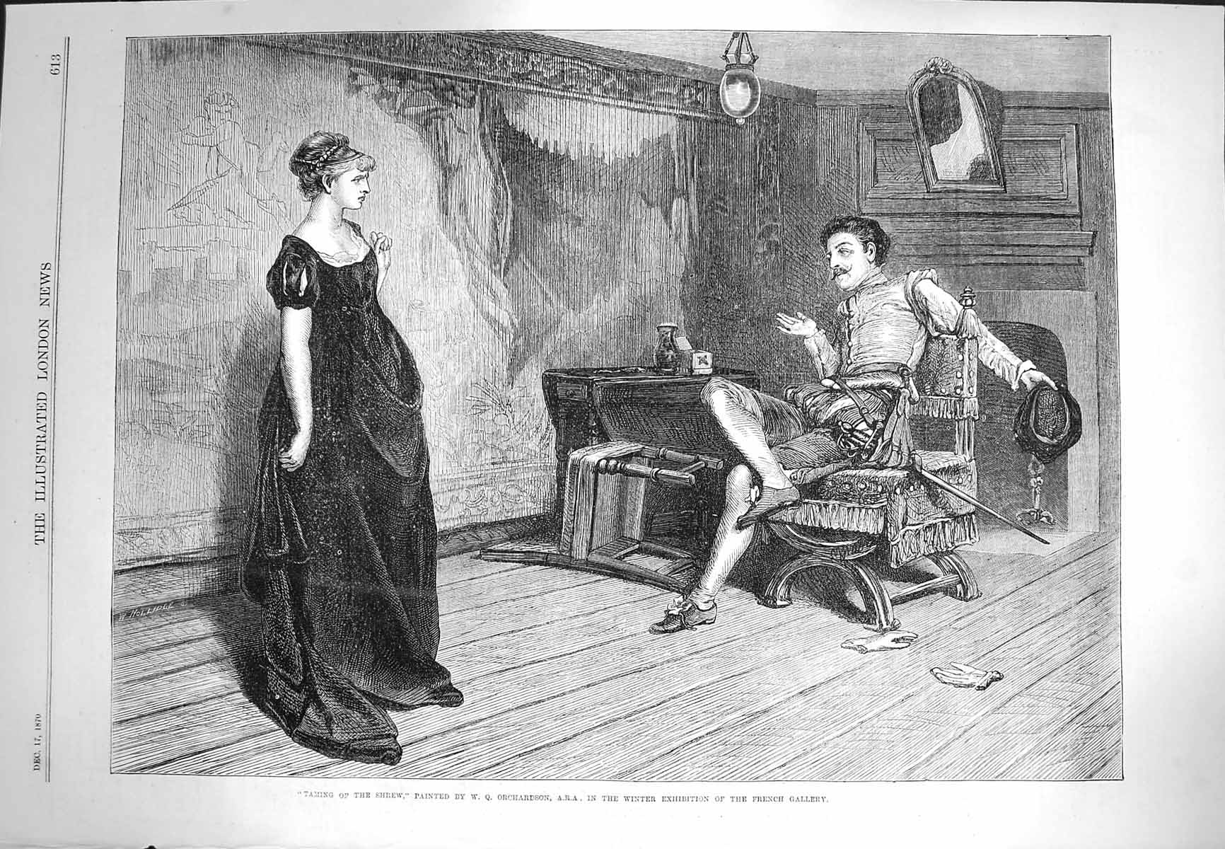 Original Old Antique Print 1870 Scene Taming Shrew Theatre Actors Orchardson