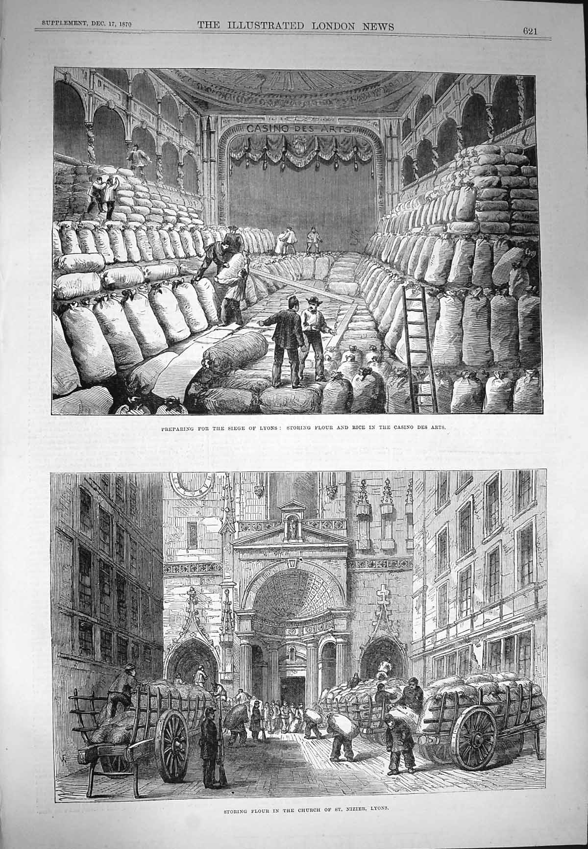 Old Antique Print 1870 Storing Flour Church St. Nizier Lyons Casino Arts 19th