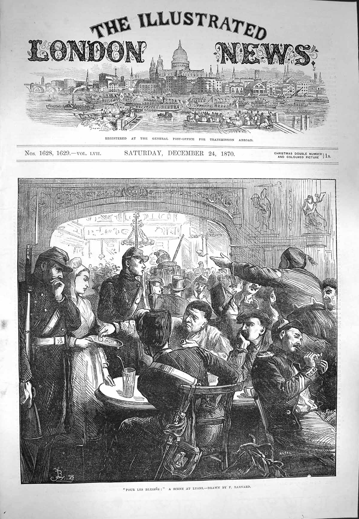 Original Old Antique Print 1870 Scene Lyons France Pour Les Blesses Men 19th