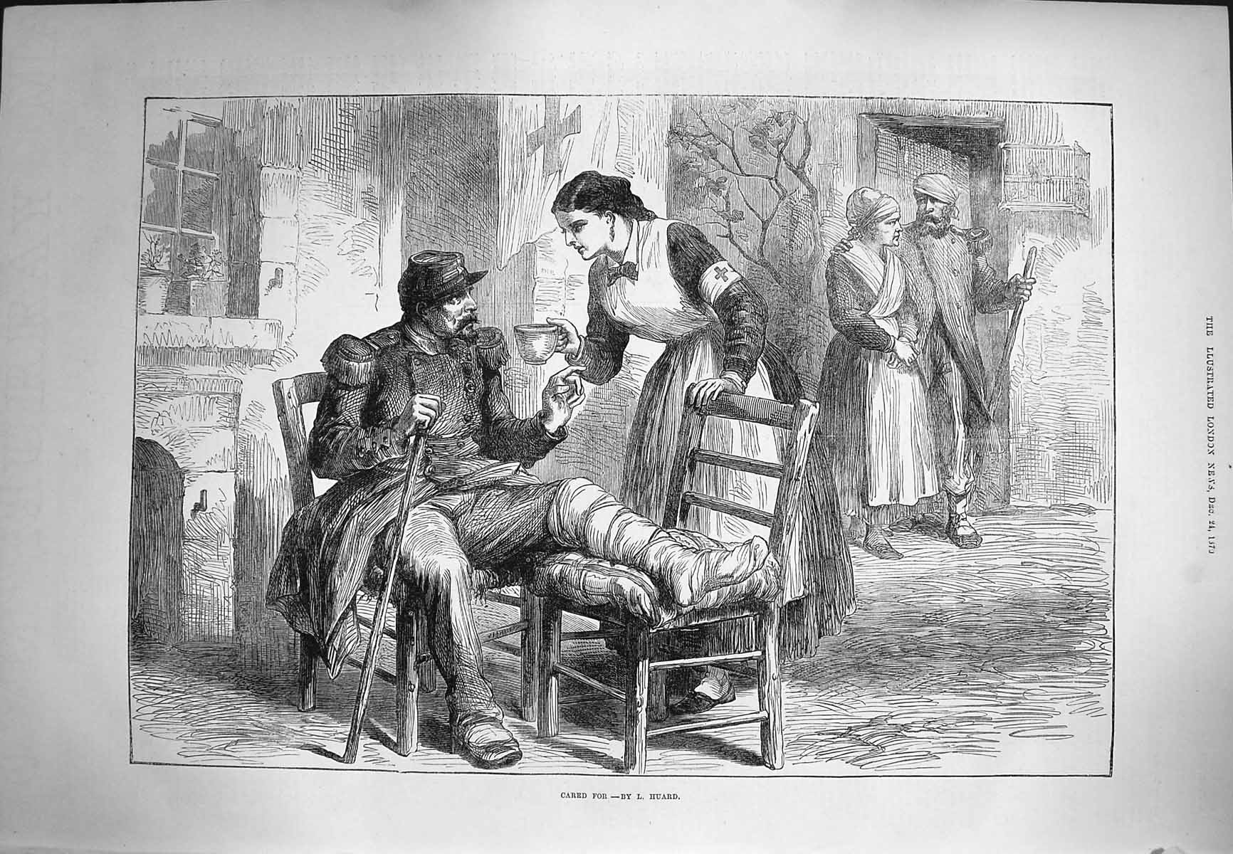 Original Old Antique Print 1870 War Scene Nurses Siers Cared For Hospital 19th
