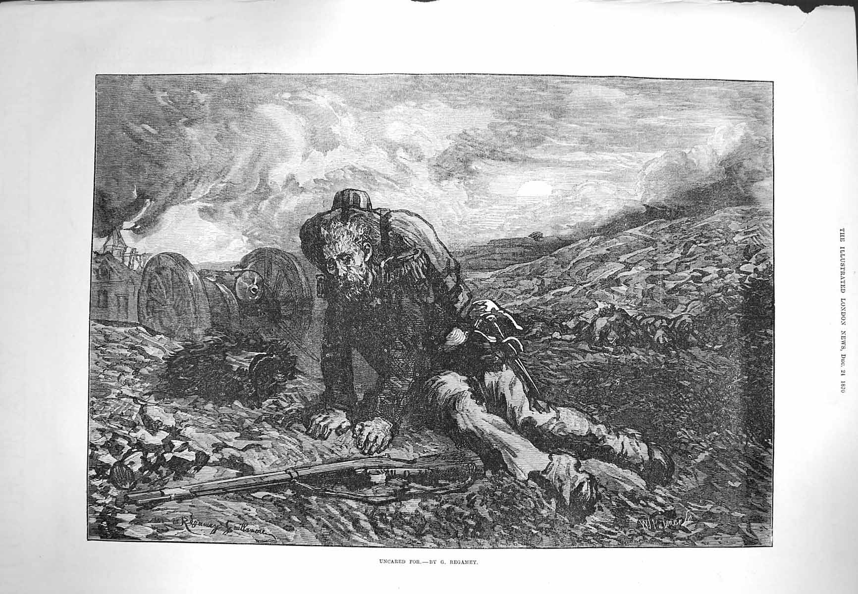 Original Old Antique Print 1870 Fine Art War Injured iers Uncared For Victorian
