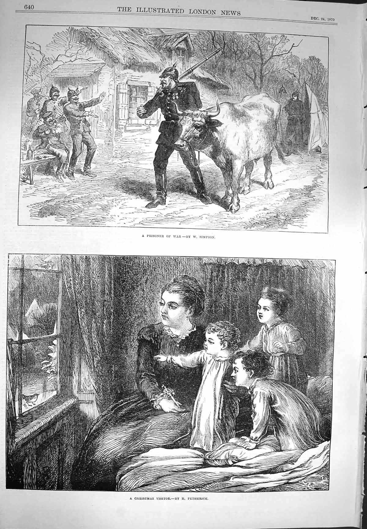 Original Old Antique Print 1870 Prisoner War Siers Cow Christmas Children Robin