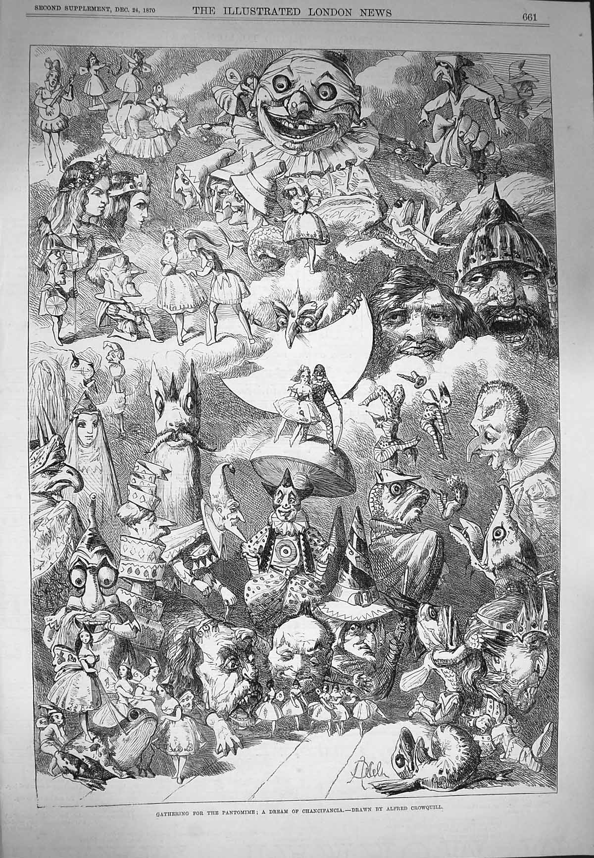 Original Old Antique Print 1870 Pantomime Christmas Chancifancia Characters