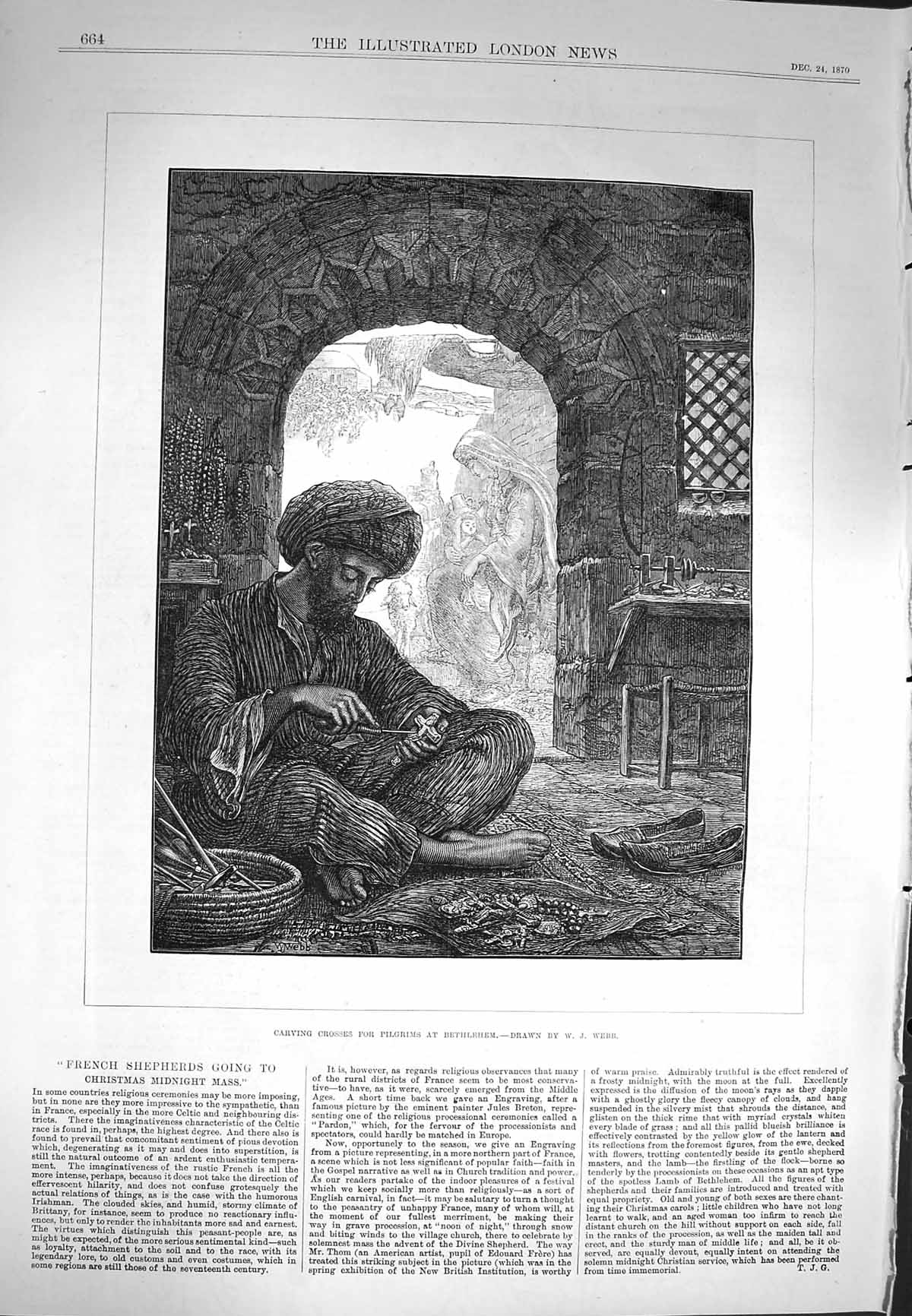 Original Old Antique Print 1870 Scene Carving Crosses Pilgrims Bethleh Victorian