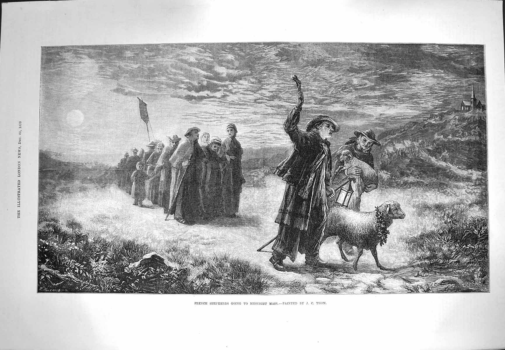 Original Old Antique Print 1870 French Shepherds Sheep Midnight Mass Christmas