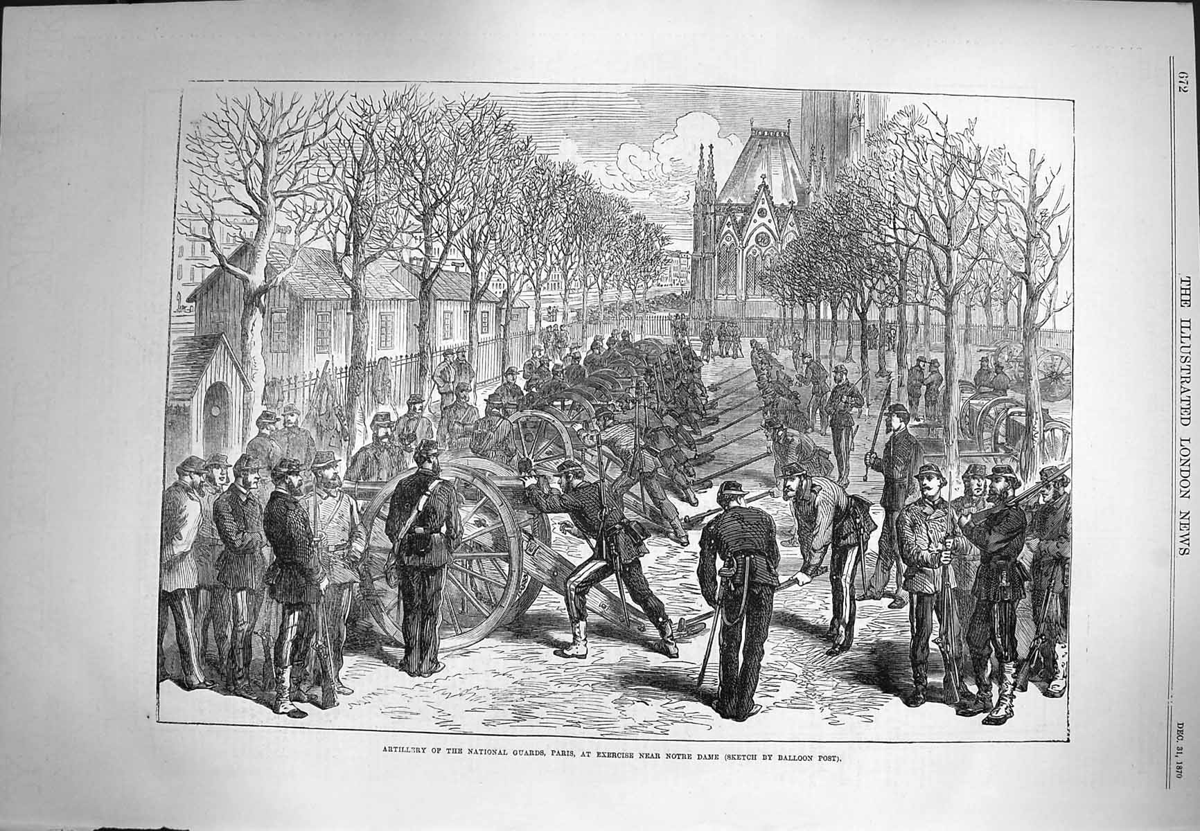 Original Old Antique Print 1870 Artillery National Guards Paris Notre Dame War