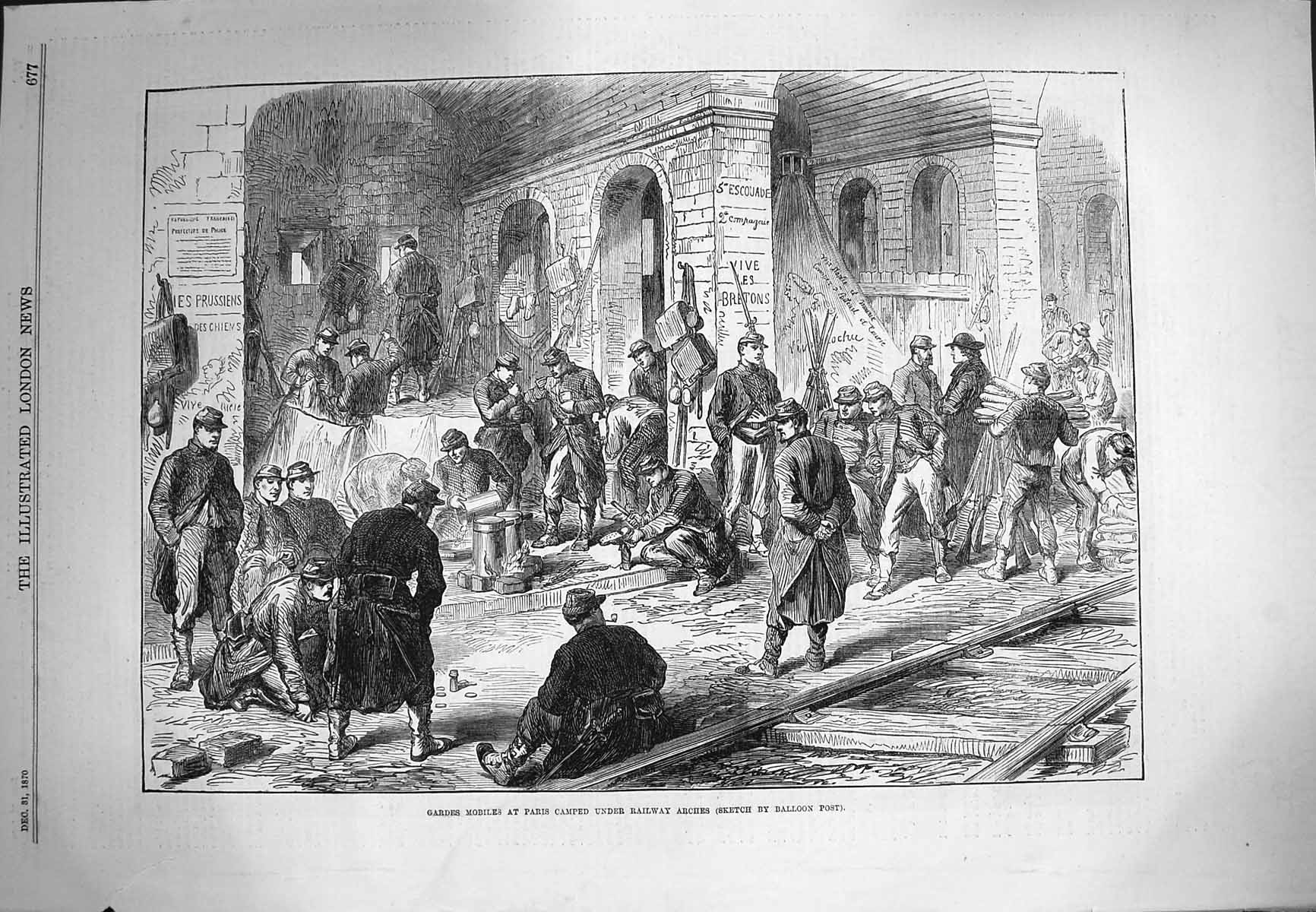 Original Old Antique Print 1870 Gardes Mobiles Paris Railway Arches Victorian