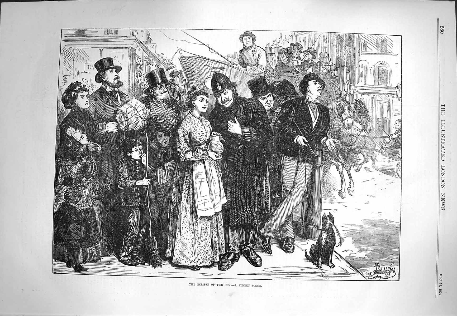Original Old Antique Print 1870 Street Scene Eclipse Sun Policeman Horses Coach