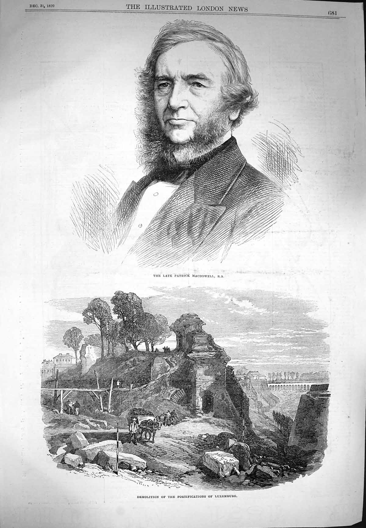 Original Old Antique Print 1870 Patrick Macdowell Fortifications Luxemburg 19th