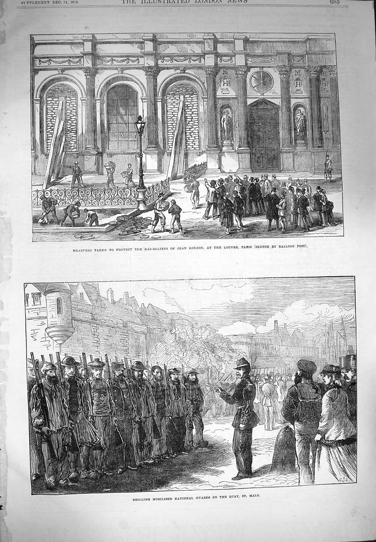 Old Antique Print 1870 Jean Goujon Louvre Paris National Guard Quay Malo 19th
