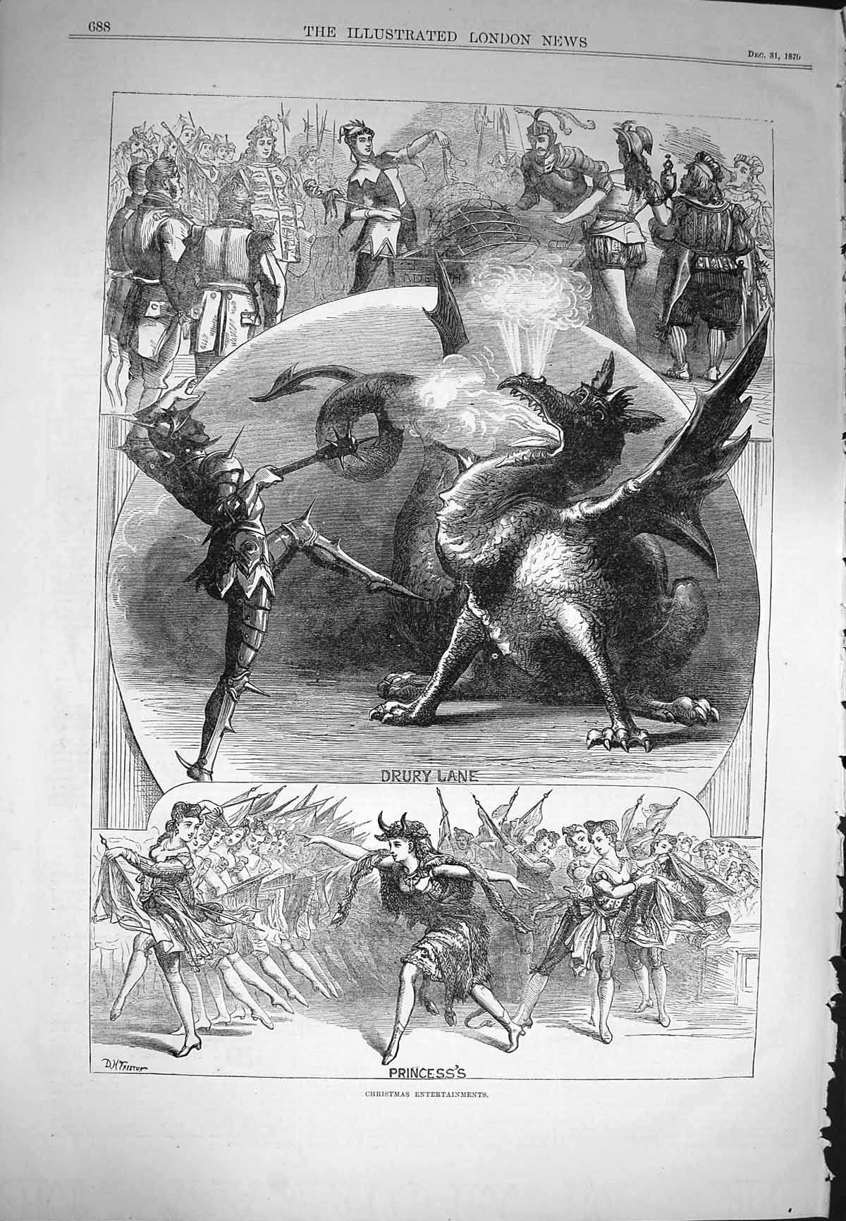Original Old Antique Print 1870 Christmas Pantomimes Drury Princess Theatre 19th