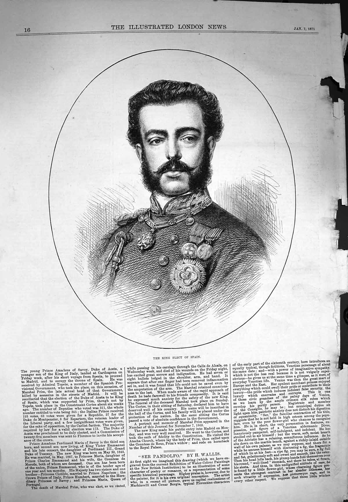 Original Old Antique Print 1871 Portrait King Elect Spain War Medals Victorian