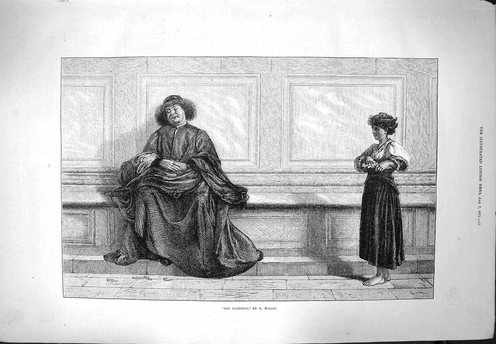 Old Antique Print 1871 Ser Pandolfo Lady Robes Young Girl Wallis Fine Art 19th