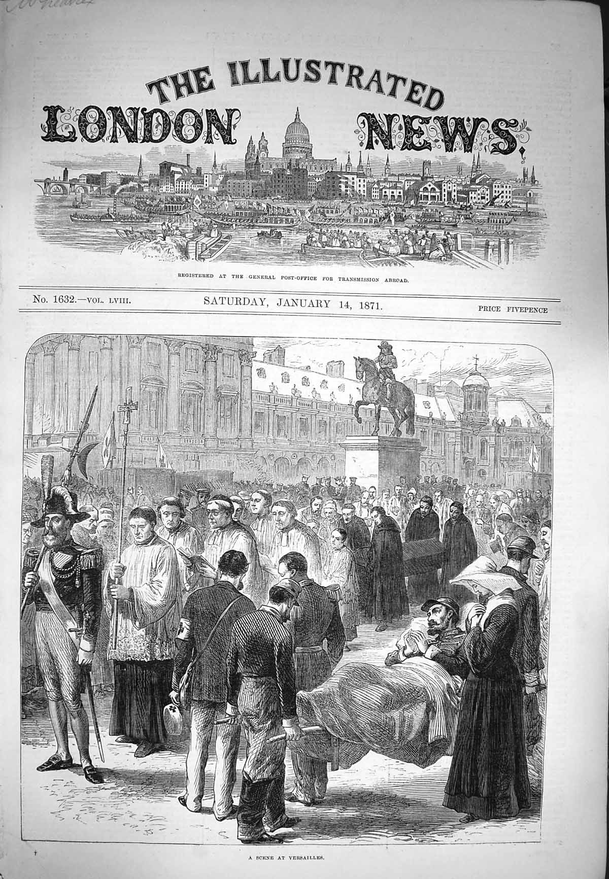 Original Old Antique Print 1871 Scene Versailles France Funeral Injured Siers