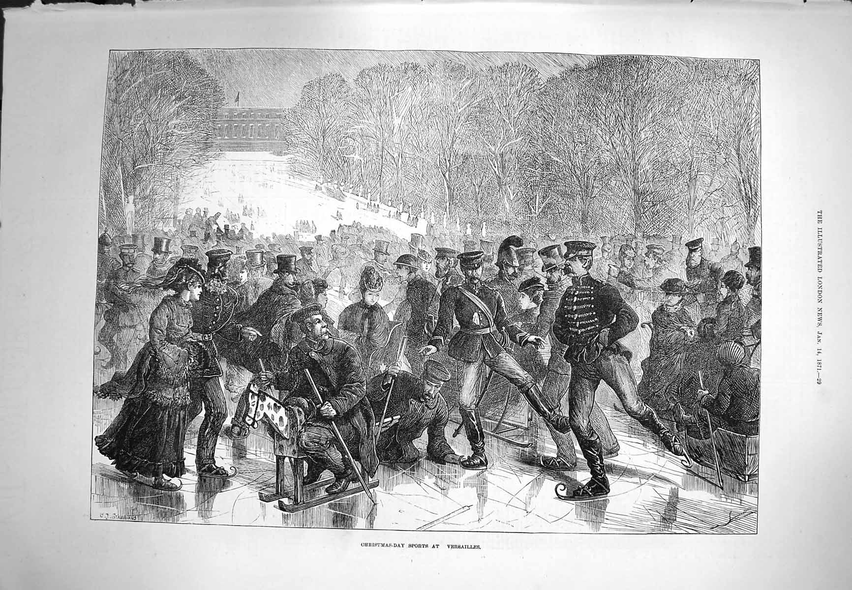 Old Antique Print 1871 Christmas Day Sports Versailles Ice Skating Scene 19th