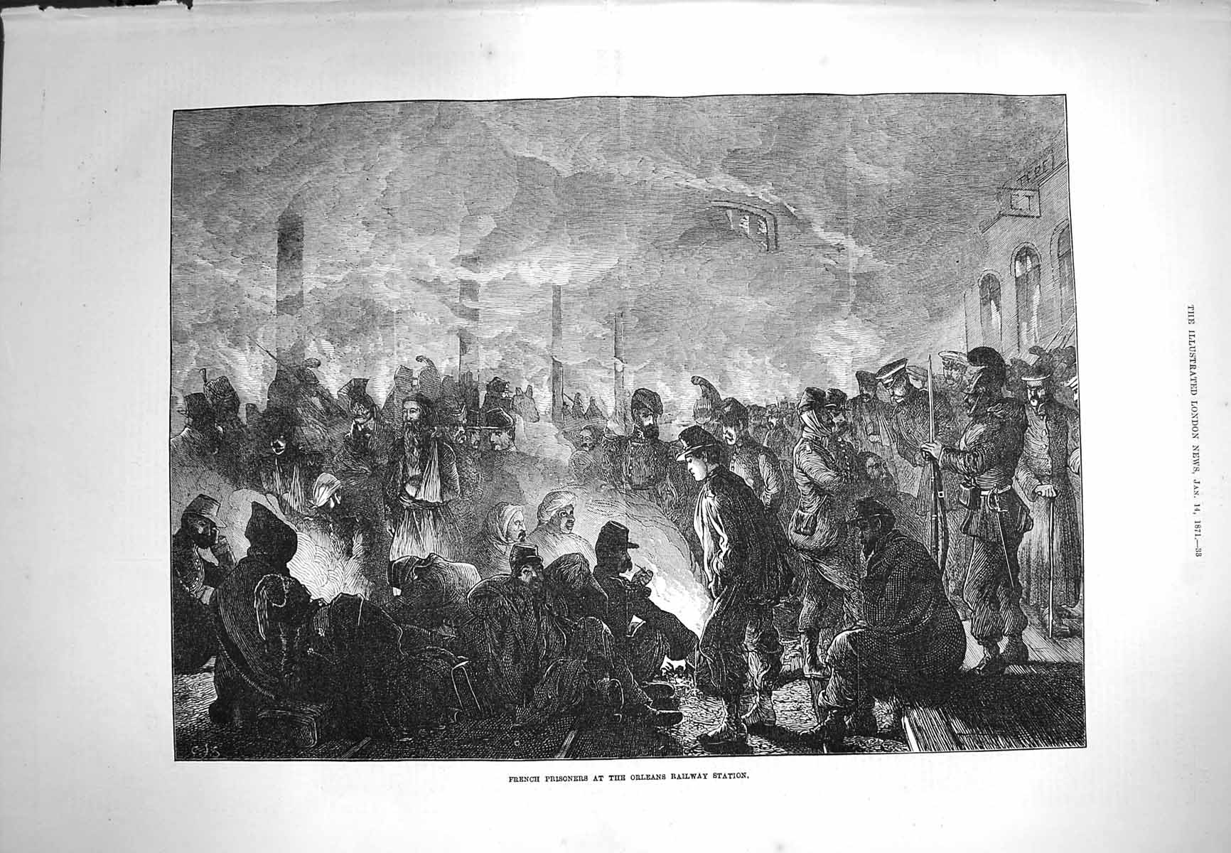 Original Old Antique Print 1871 French Prisoners Orleans Railway Station War