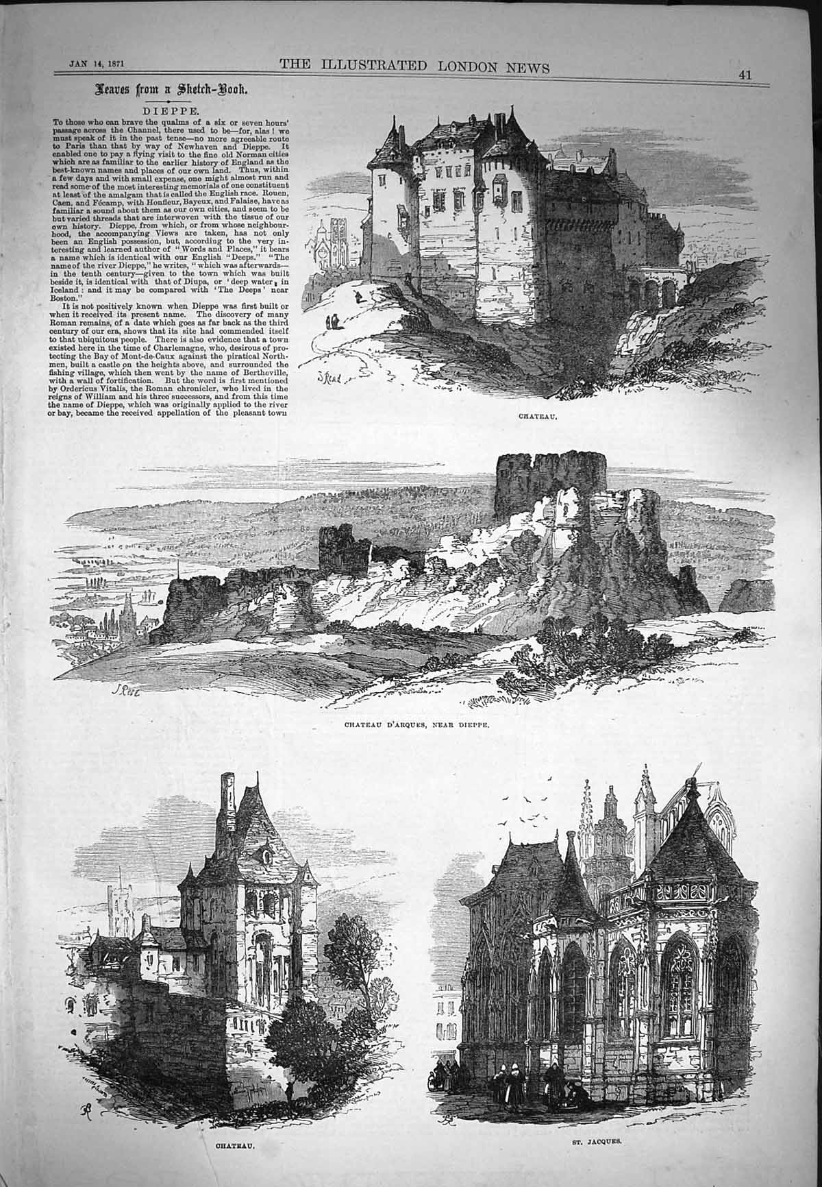Original Old Antique Print 1871 Dieppe Chateau D'Arques St. Jacques France 19th