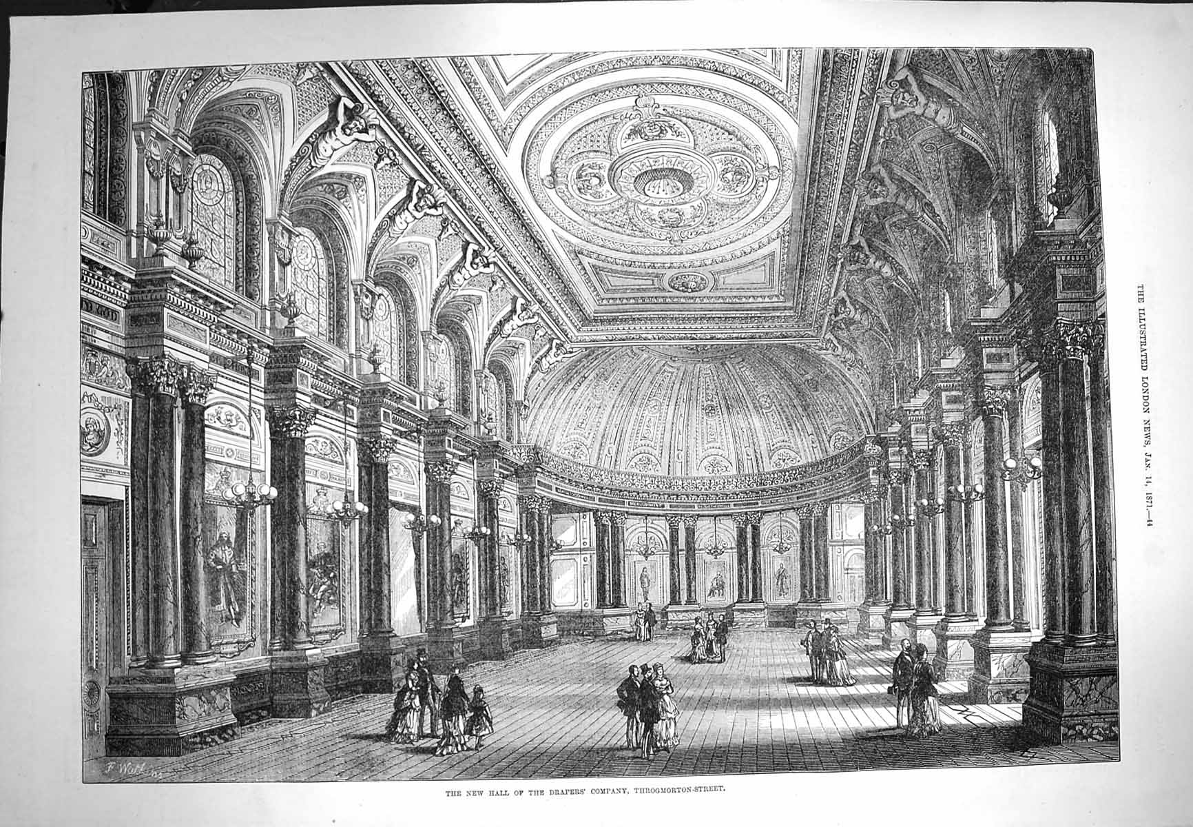 Original Old Antique Print 1871 Hall Drapers Company Throgmorton Street Art