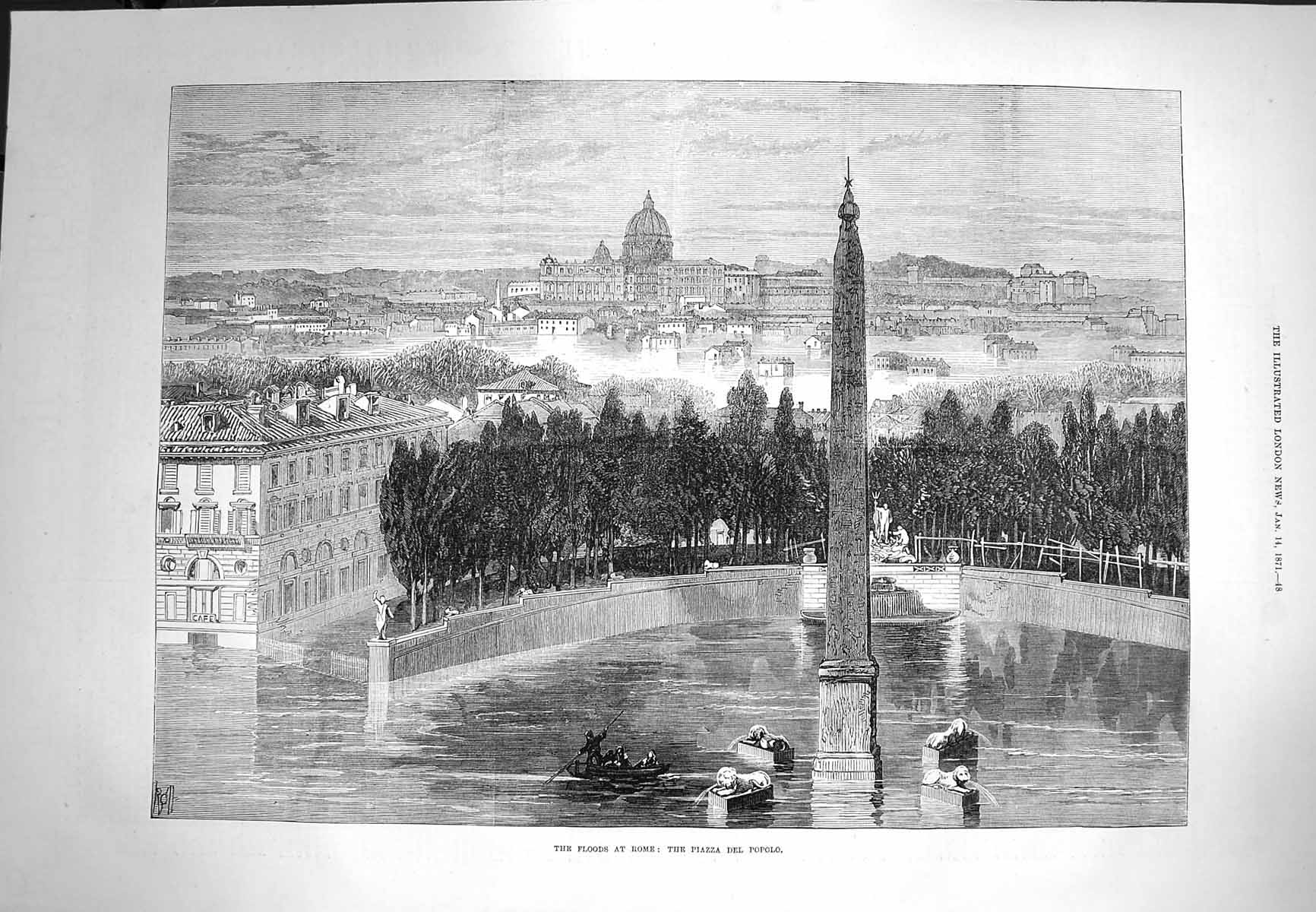 Old Antique Print 1871 Floods Rome Italy Piazza Del Popolo Architecture 19th