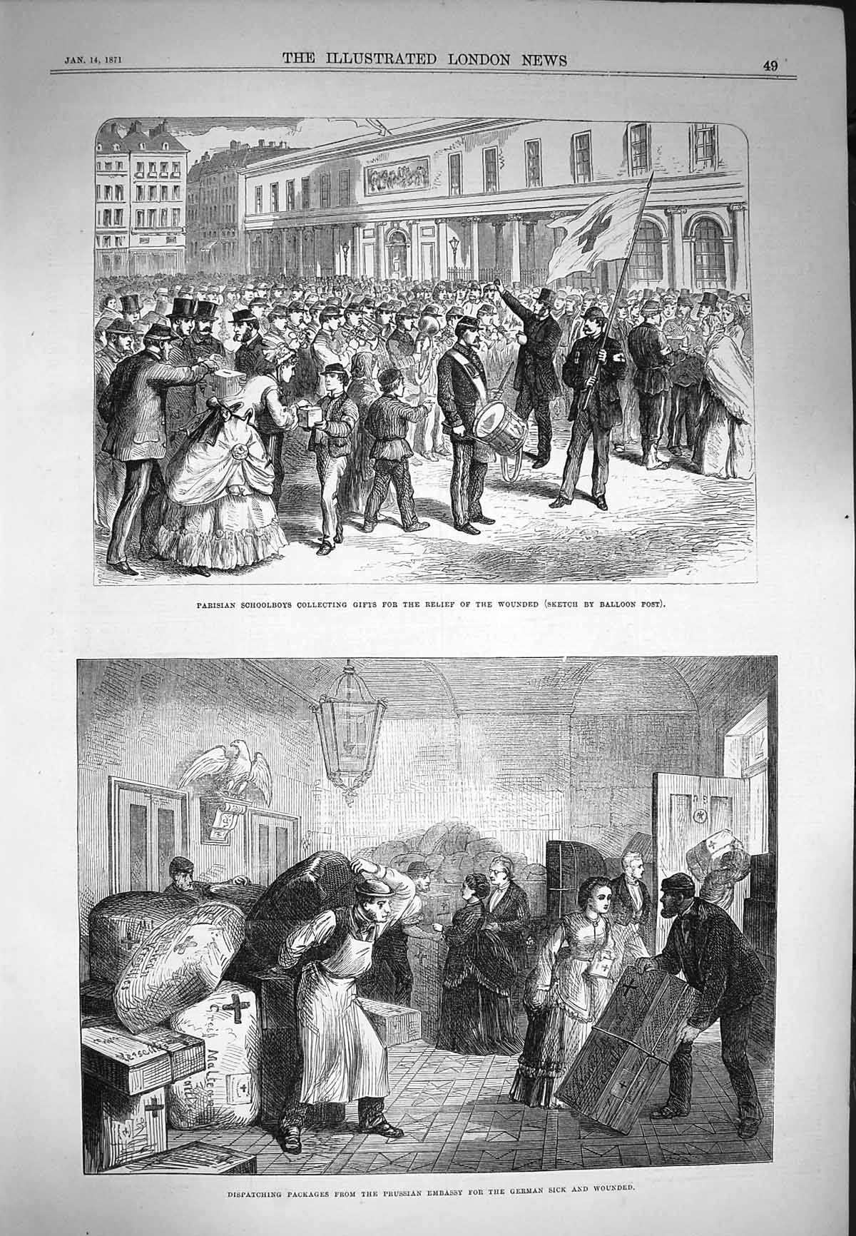 Original Old Antique Print 1871 Paris Schoolboys Gifts Prussian Embassy German