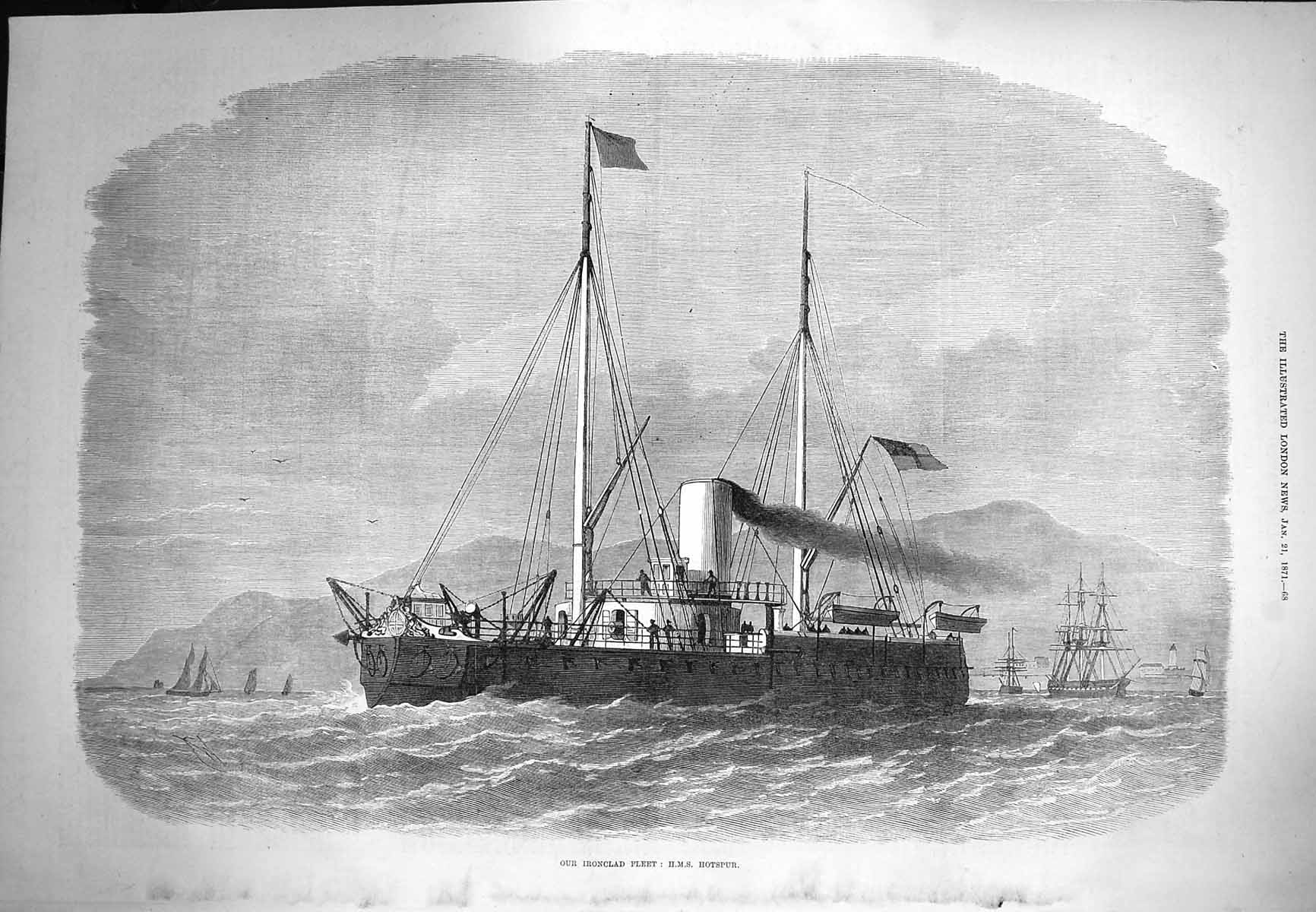 Original Old Antique Print 1871 Ironclad Fleet H.M.S. Hotspur War Ship 19th