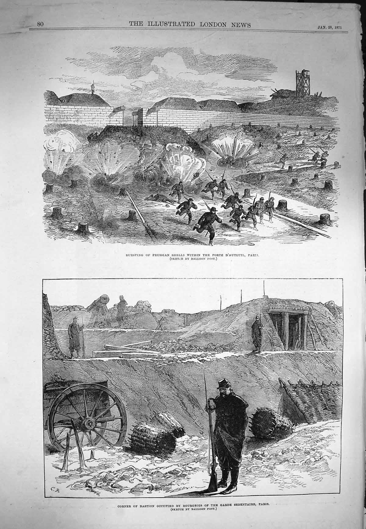 Old Antique Print 1871 Prussian Shells Porte D'Auteuil Paris Bastion War 19th