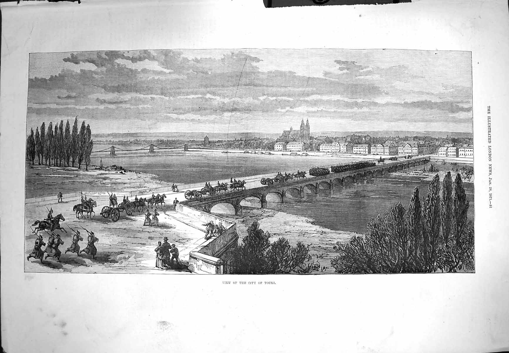 Original Old Antique Print 1871 View City Tours France River Bridge Siers War