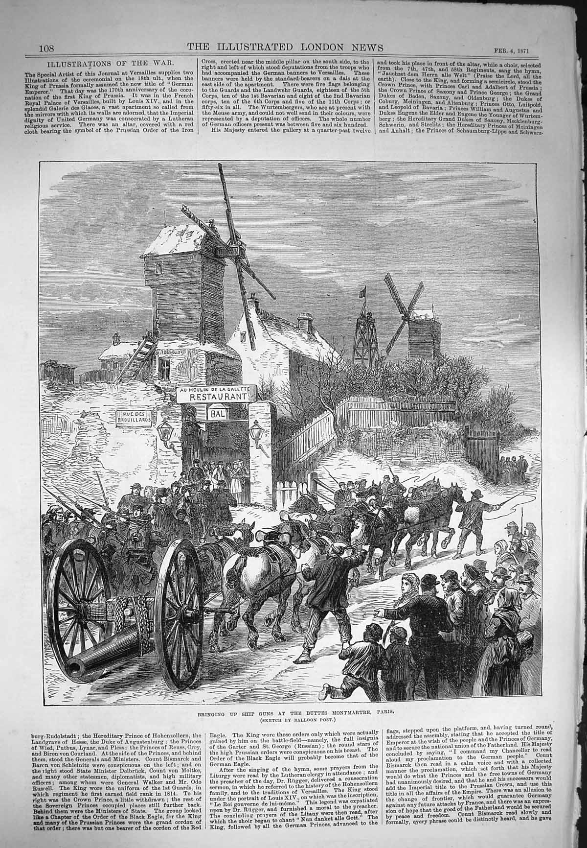 Original Old Antique Print 1871 Scene Bringing Ship Guns Buttes Montmartr 19th
