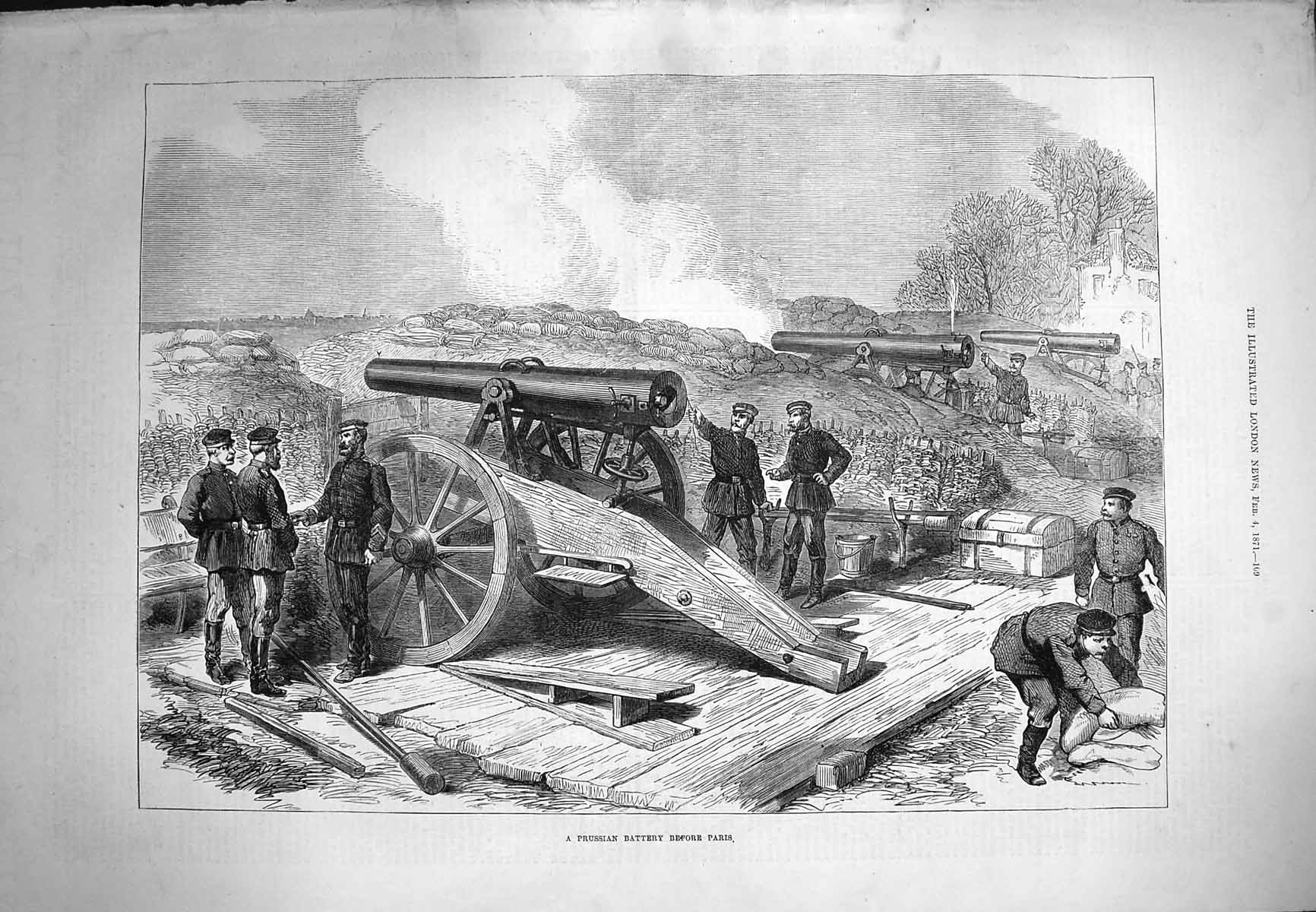 Old Antique Print 1871 Prussian Battery Paris War France Cannon Weapons 19th