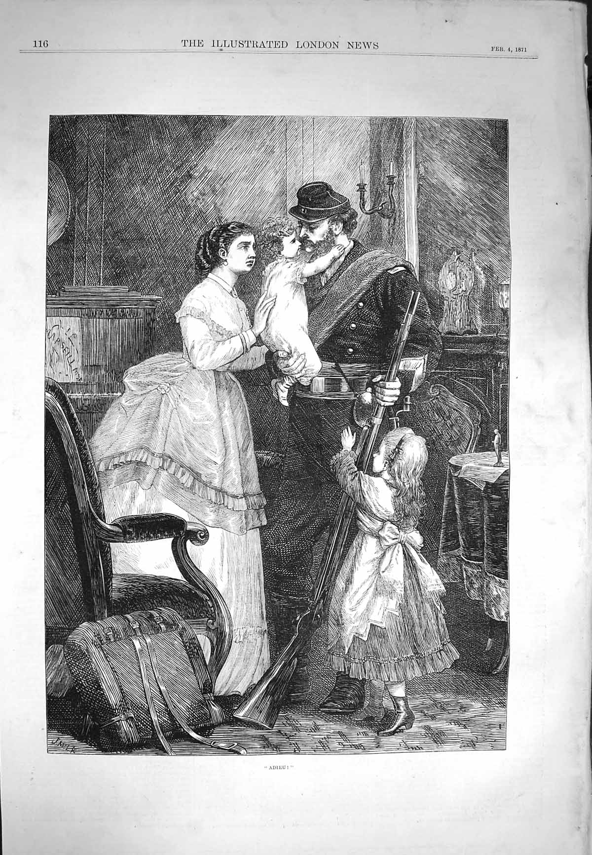Original Old Antique Print 1871 War Sier Leaving Family Home Children Wife 19th