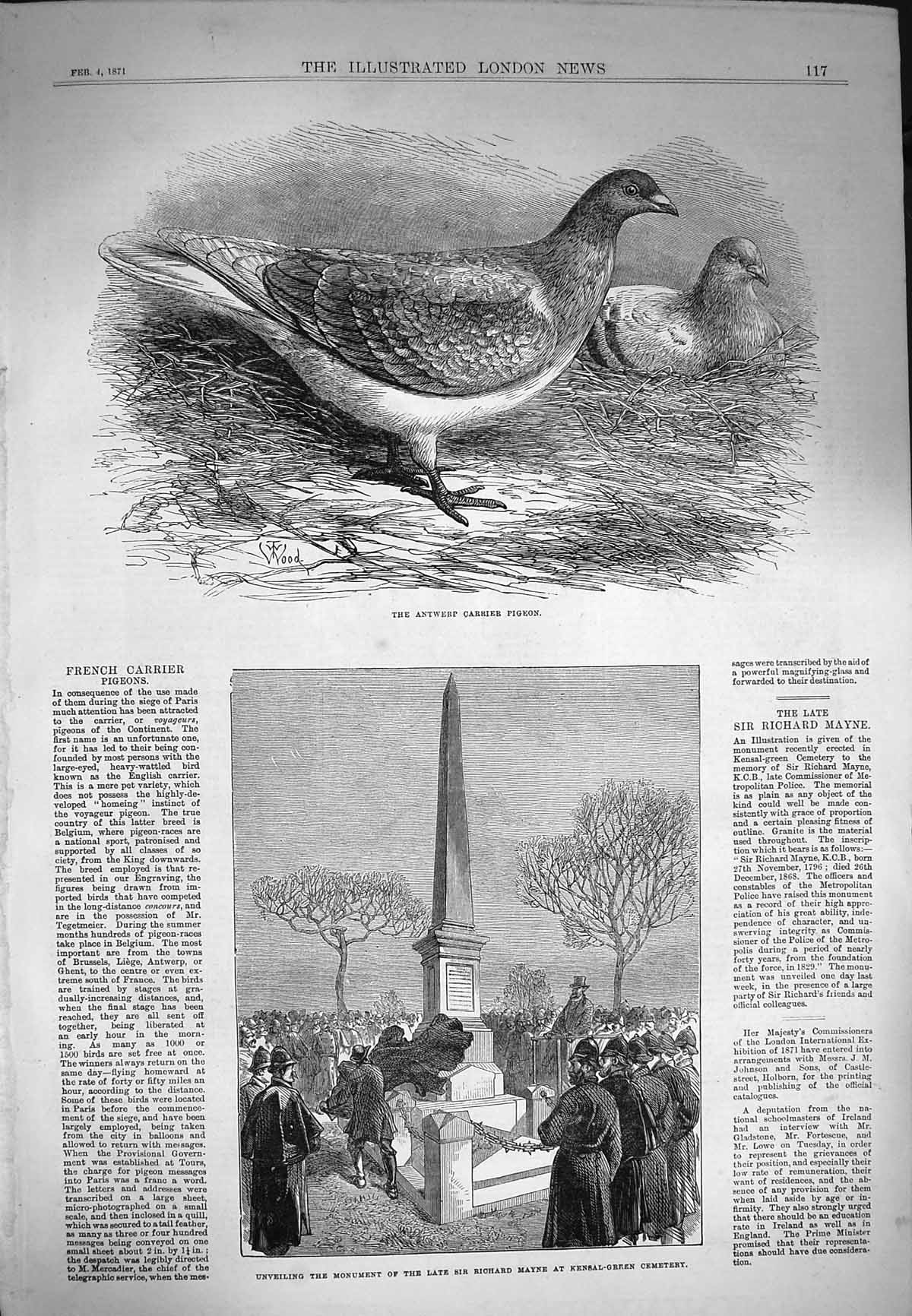 Original Old Antique Print 1871 Antwerp Carrier Pigeon Monument Richar Victorian