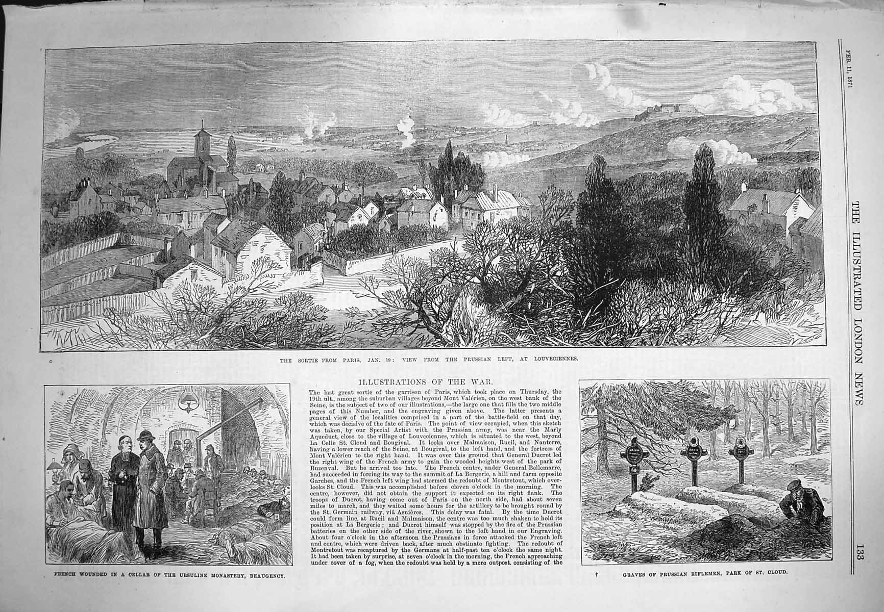 Original Old Antique Print 1871 Sortie Paris Louveciennes Beaugency Cloud 19th
