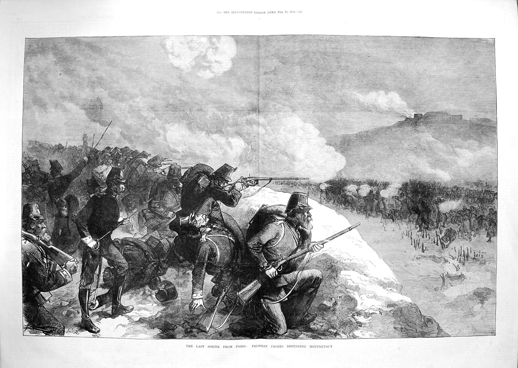 Old Antique Print 1871 Sortie Paris Prussian Jagers Defending Montretout 19th