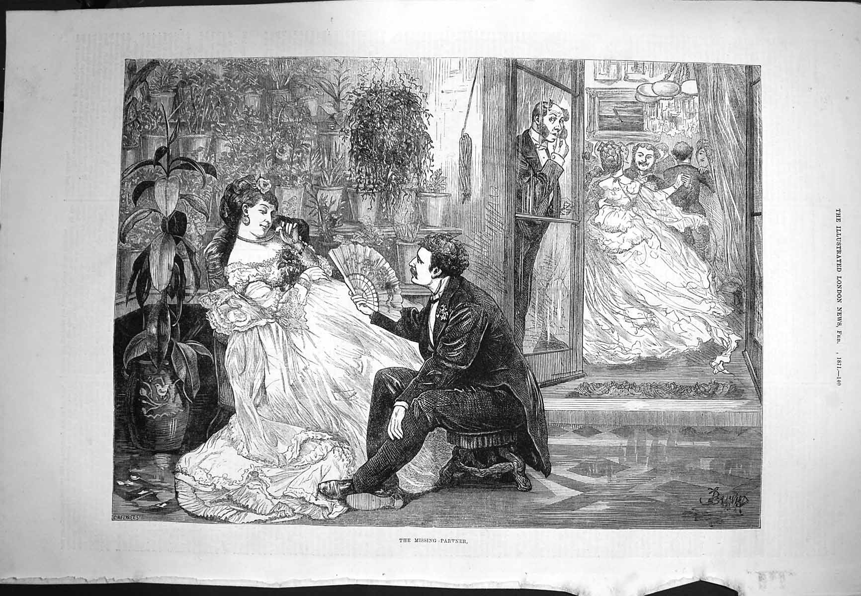 Original Old Antique Print 1871 Missing Partner Scene Romance 19th