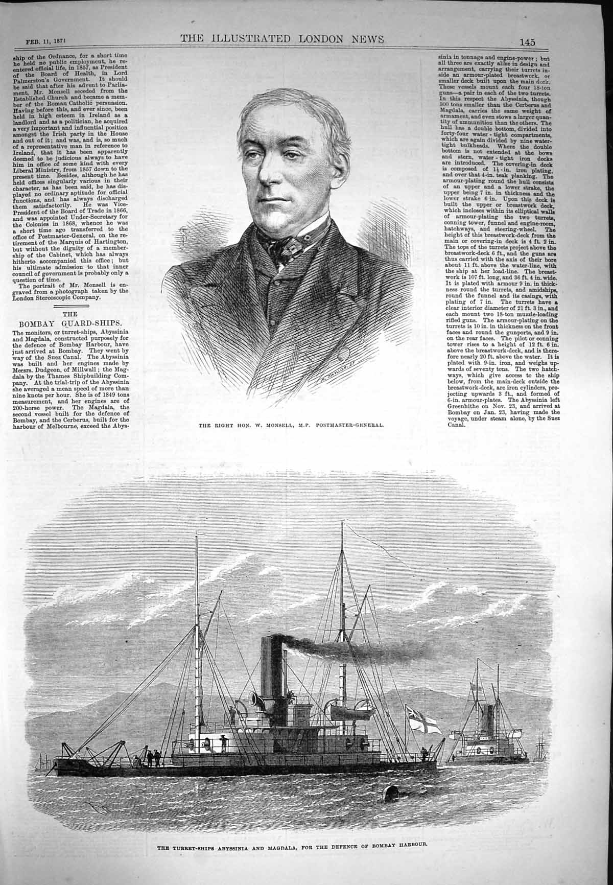 Old Antique Print 1871 Monsell Postmaster-General Ships Abyssinia Magdala 19th