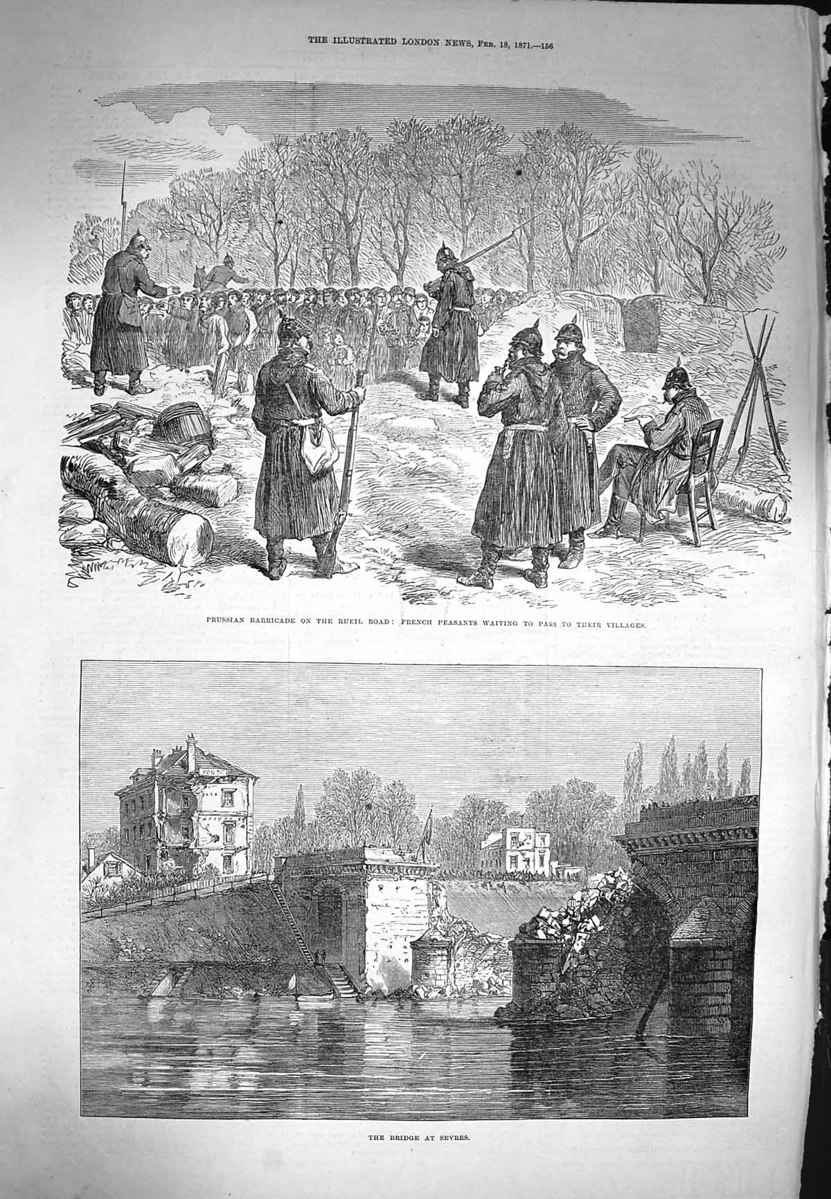 Old Antique Print 1871 Bridge River Sevres French Peasants Rueil Prussian 19th