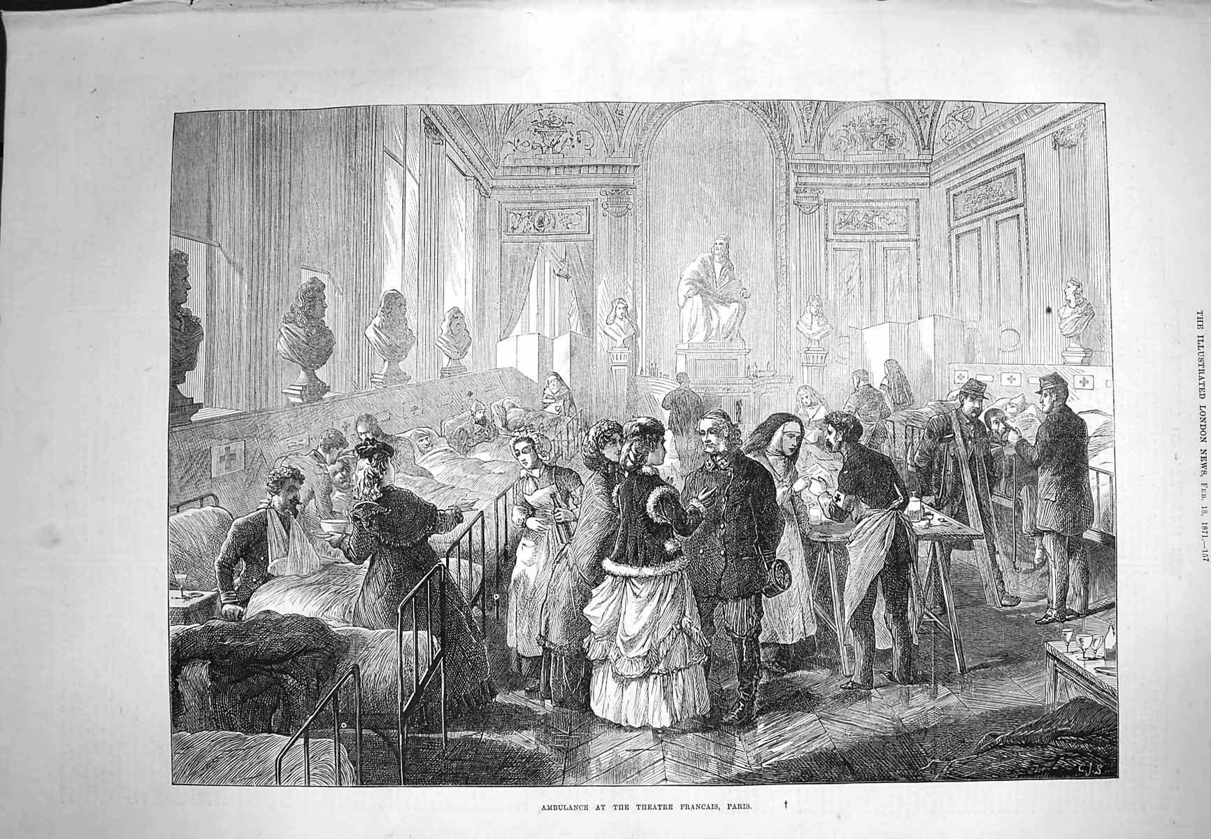Old Antique Print 1871 Ambulance Theatre Francais Paris France Nurses War 19th