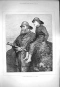 Original Old Antique Print 1871 Pilot Look Out Man Telescope Little Boy Marsh