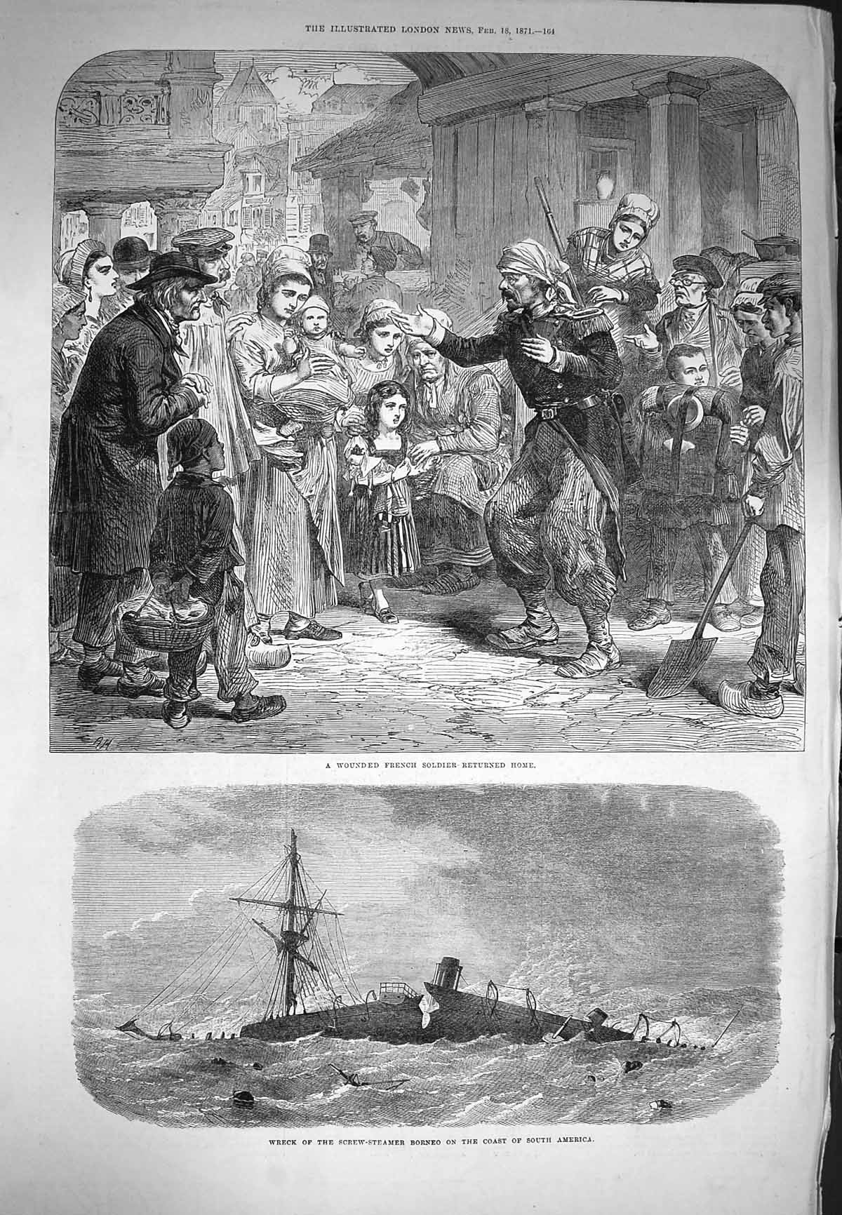 Original Old Antique Print 1871 Wounded French Sier Ship Wreck Borneo America
