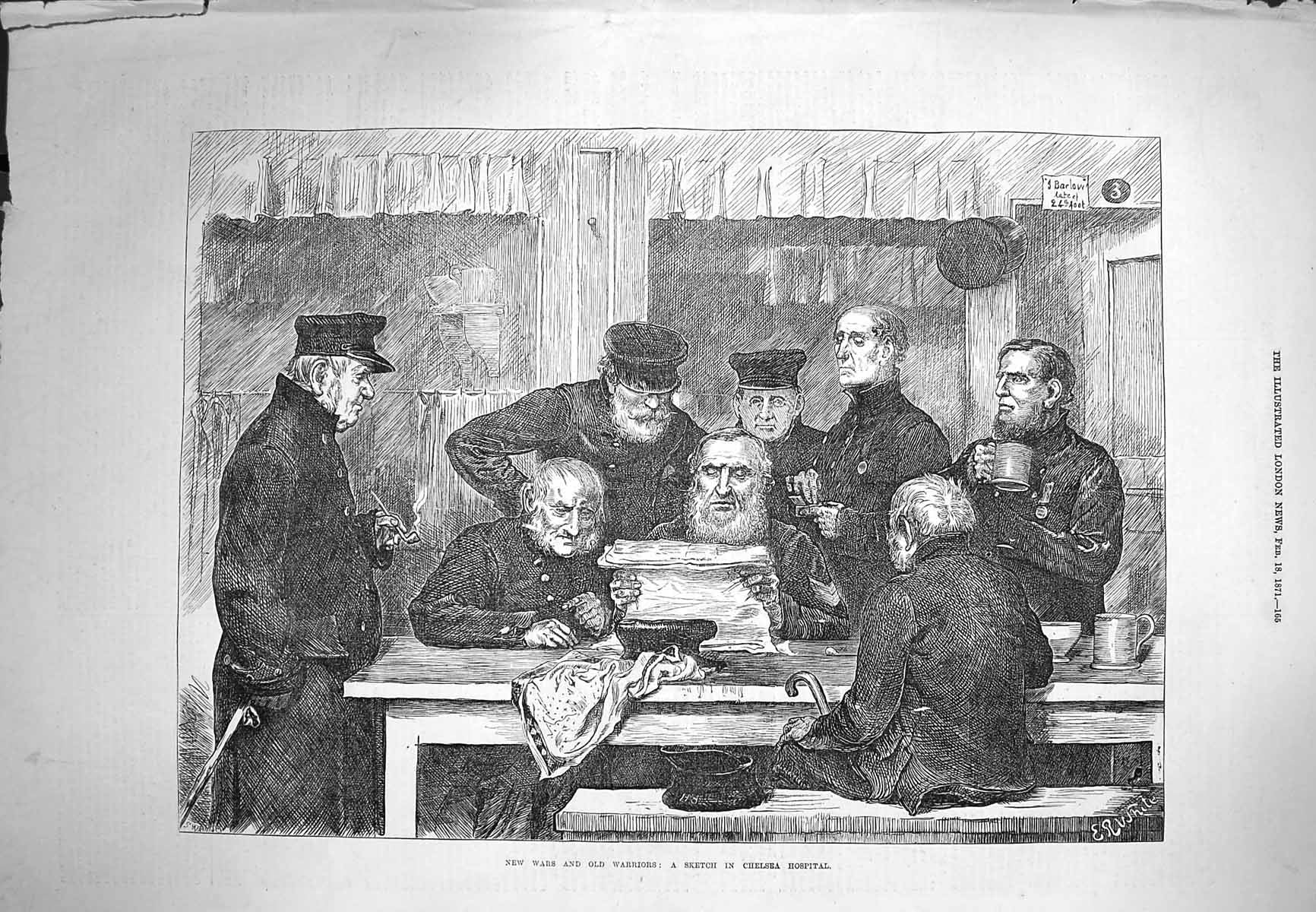 Original Old Antique Print 1871 War Warriors Scene Chelsea Hospital Victorian