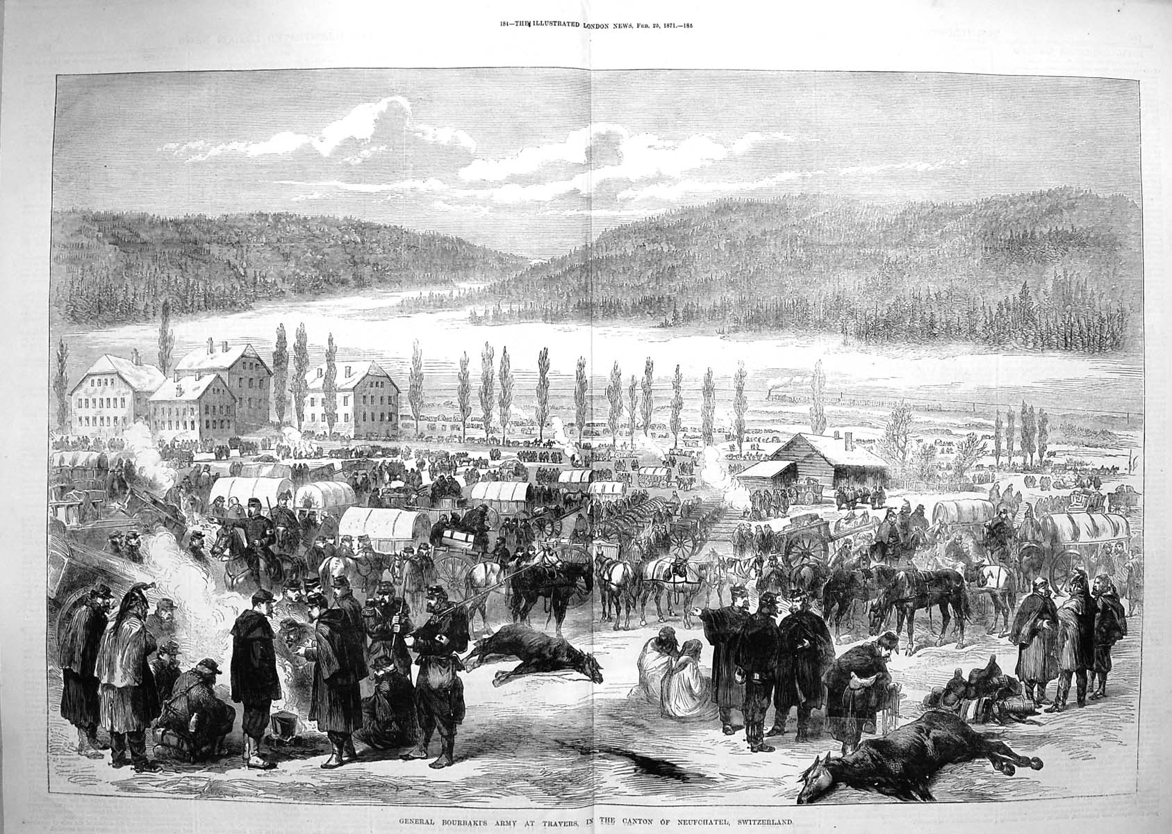 Original Old Antique Print 1871 General Bourbakis Canton Neufchatel Swit 19th
