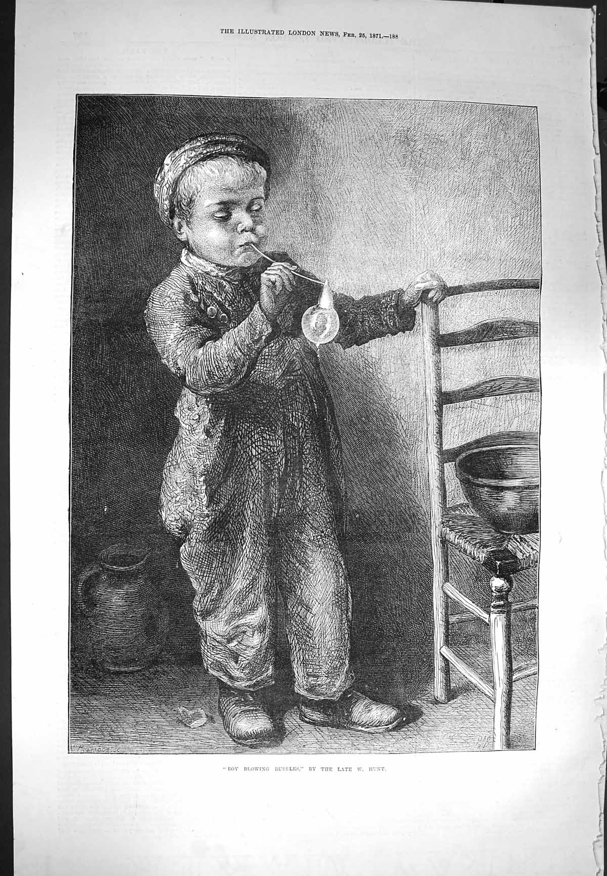 Original Old Antique Print 1871 Boy Blowing Bubbles Child Chair Hunt Victorian