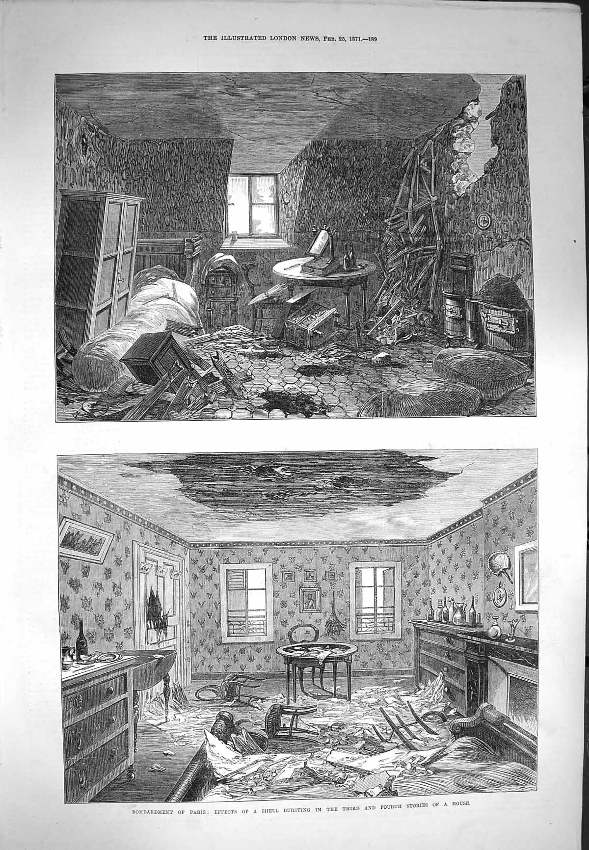 Original Old Antique Print 1871 Bombardment Paris Explosion House Ruins War
