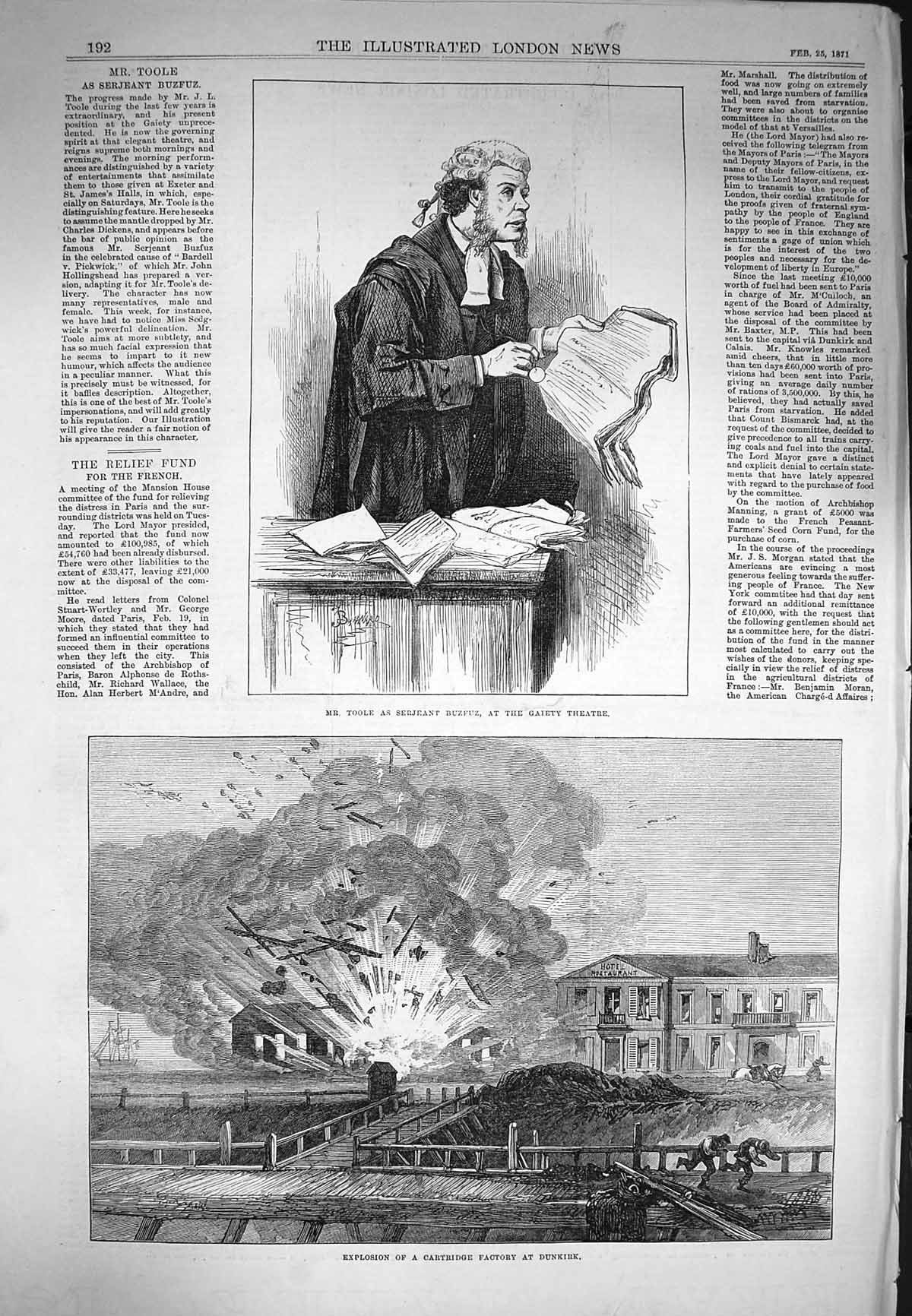 Original Old Antique Print 1871 Toole Gaiety Theatre Cartridge Factory Dunkirk