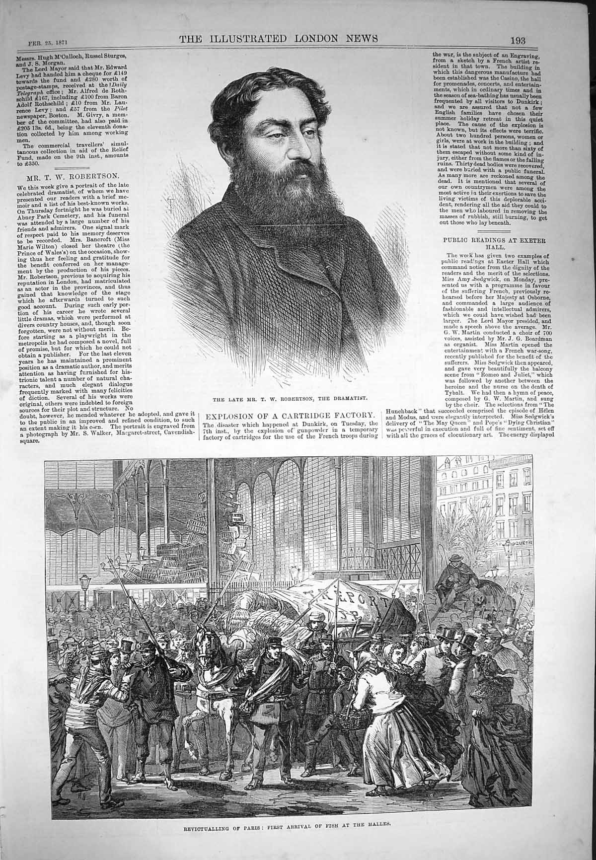 Original Old Antique Print 1871 Robertson Dramatist Paris Arrival Fish Halles