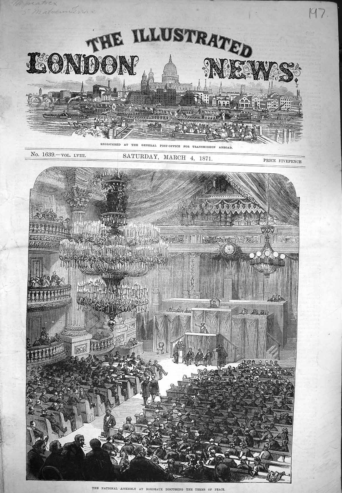 Old Antique Print 1871 National Assembly Bordeaux Discussing Terms Peace 19th