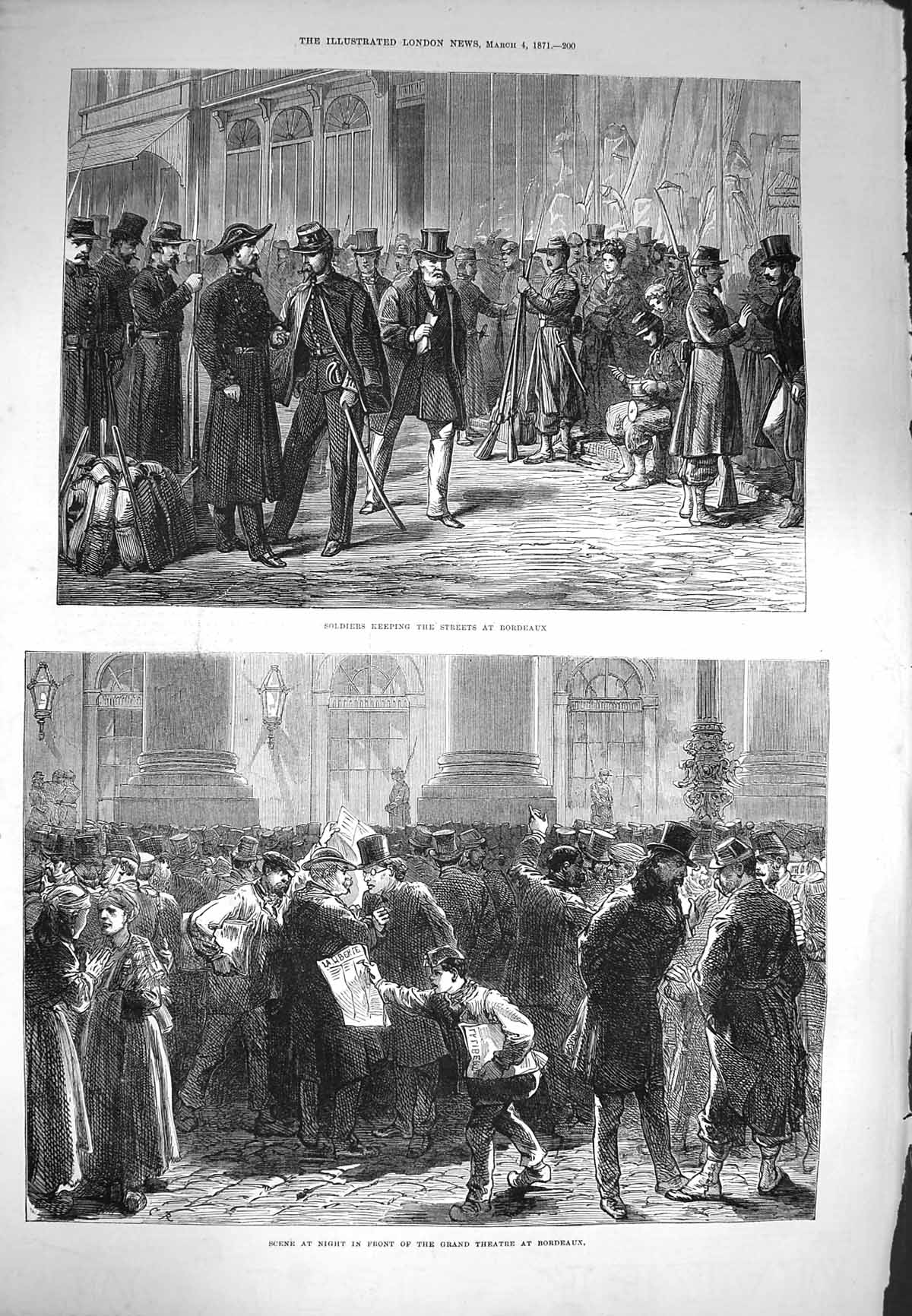 Original Old Antique Print 1871 Siers Bordeaux France Scene Grand Theatre 19th