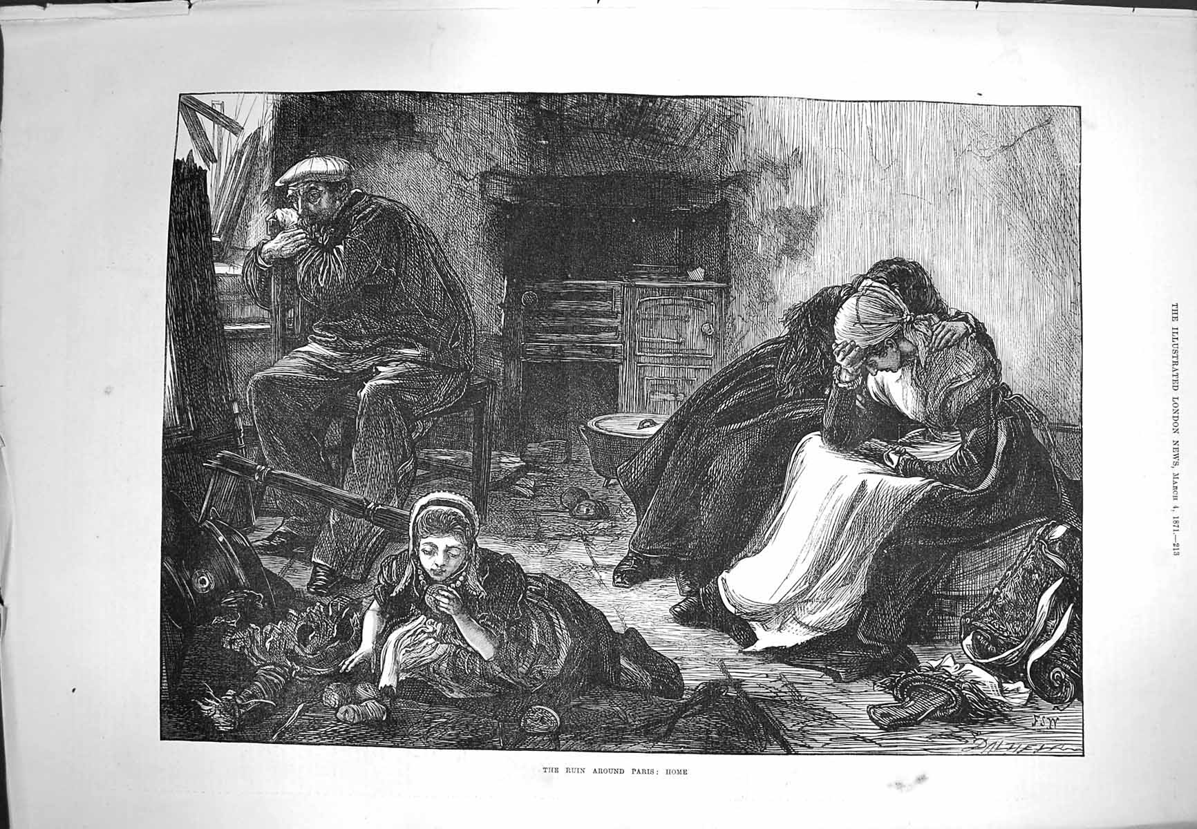 Original Old Antique Print 1871 Ruin Paris France Home Scene Family Fine Art
