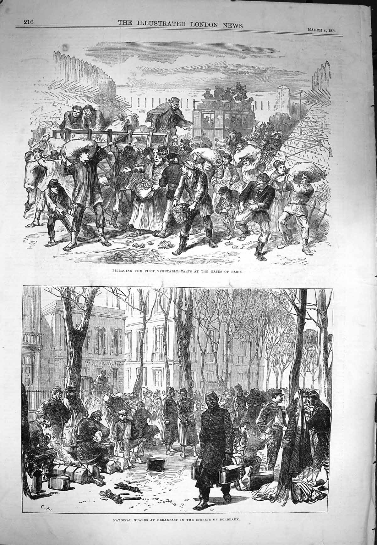 Old Antique Print 1871 Vegetable Carts Gates Paris National Guards France 19th