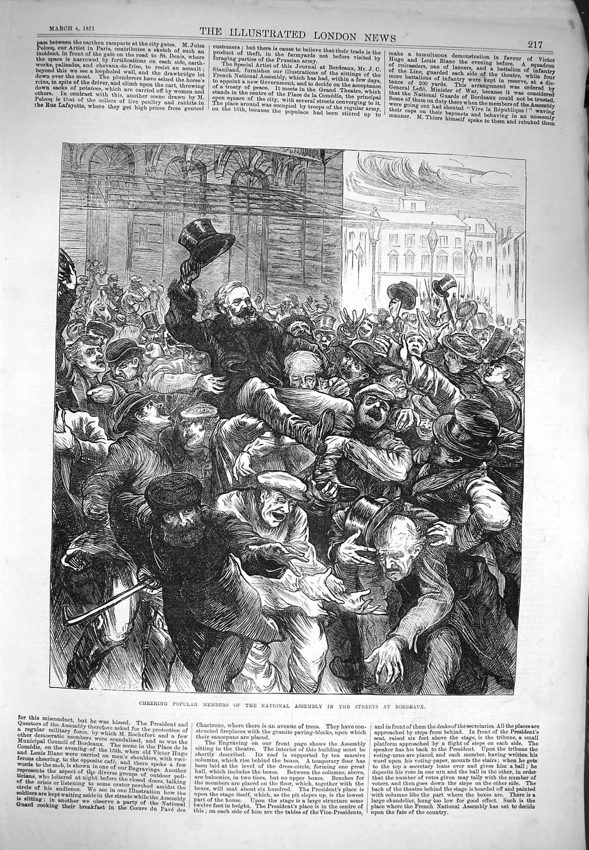 Original Old Antique Print 1871 Street Scene Bordeaux France National Assembly